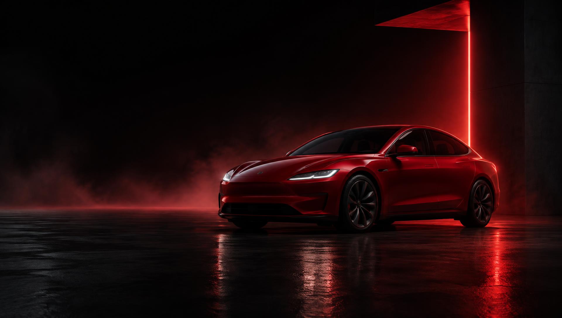 Red electric sedan in a dark studio